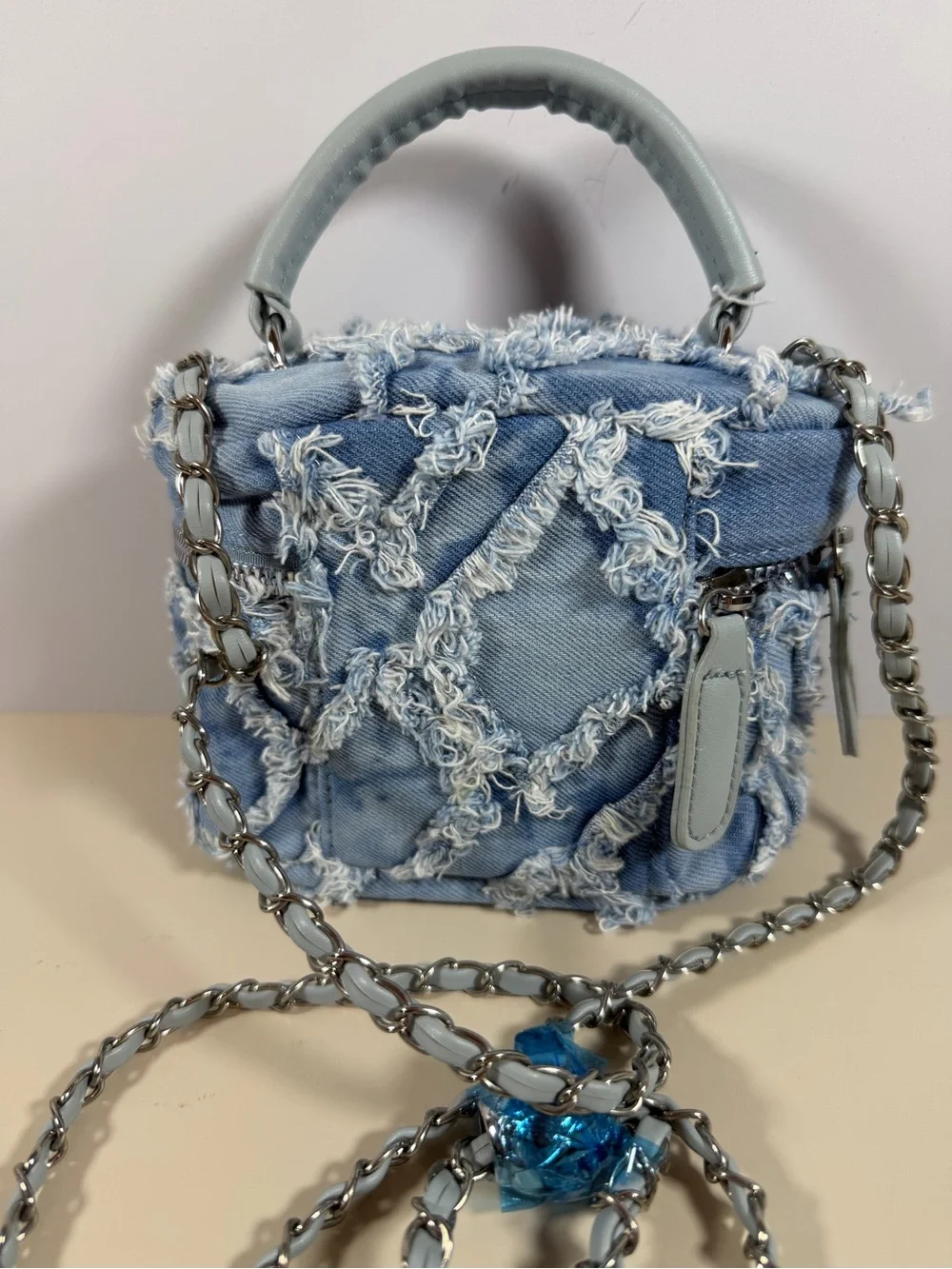 Source Unknown Distressed Denim Fringe Crossbody Bag - Blue